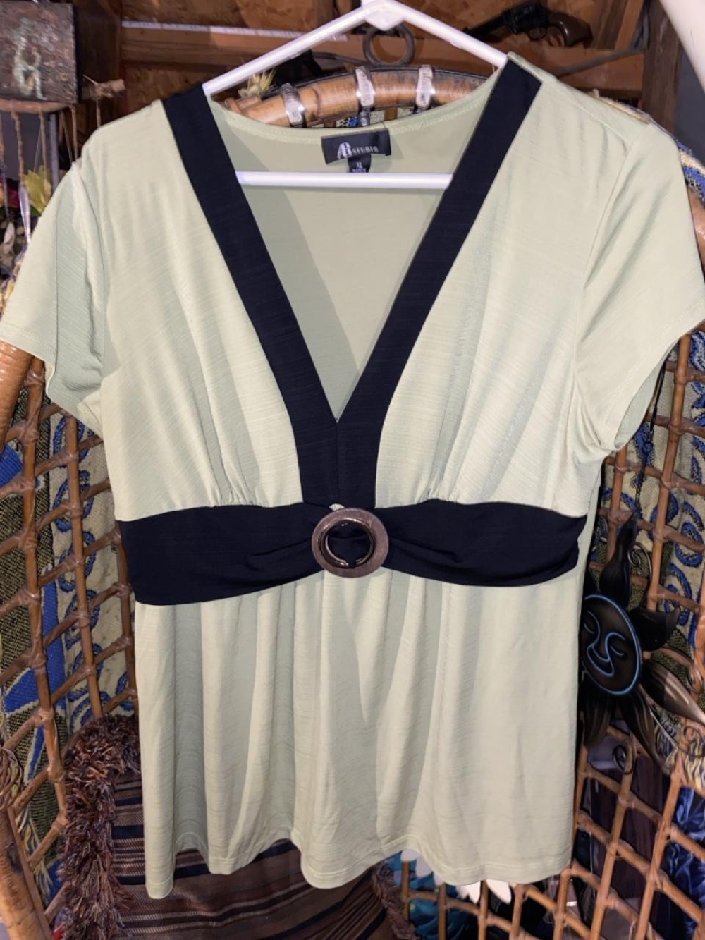 AB Studio Y2K Babydoll Top Sage Green Black Trim Ring Detail Empire Blouse